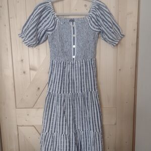 Smocked Blue and White Striped Puff Sleeve Midi Dress